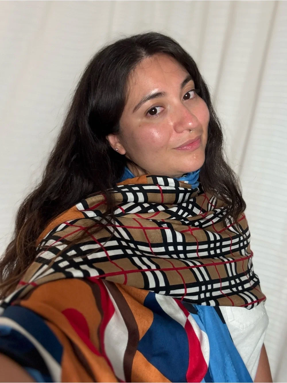 Vintage Y2K Burberry Patterned Scarf Blue Brown Red Orange Checkered